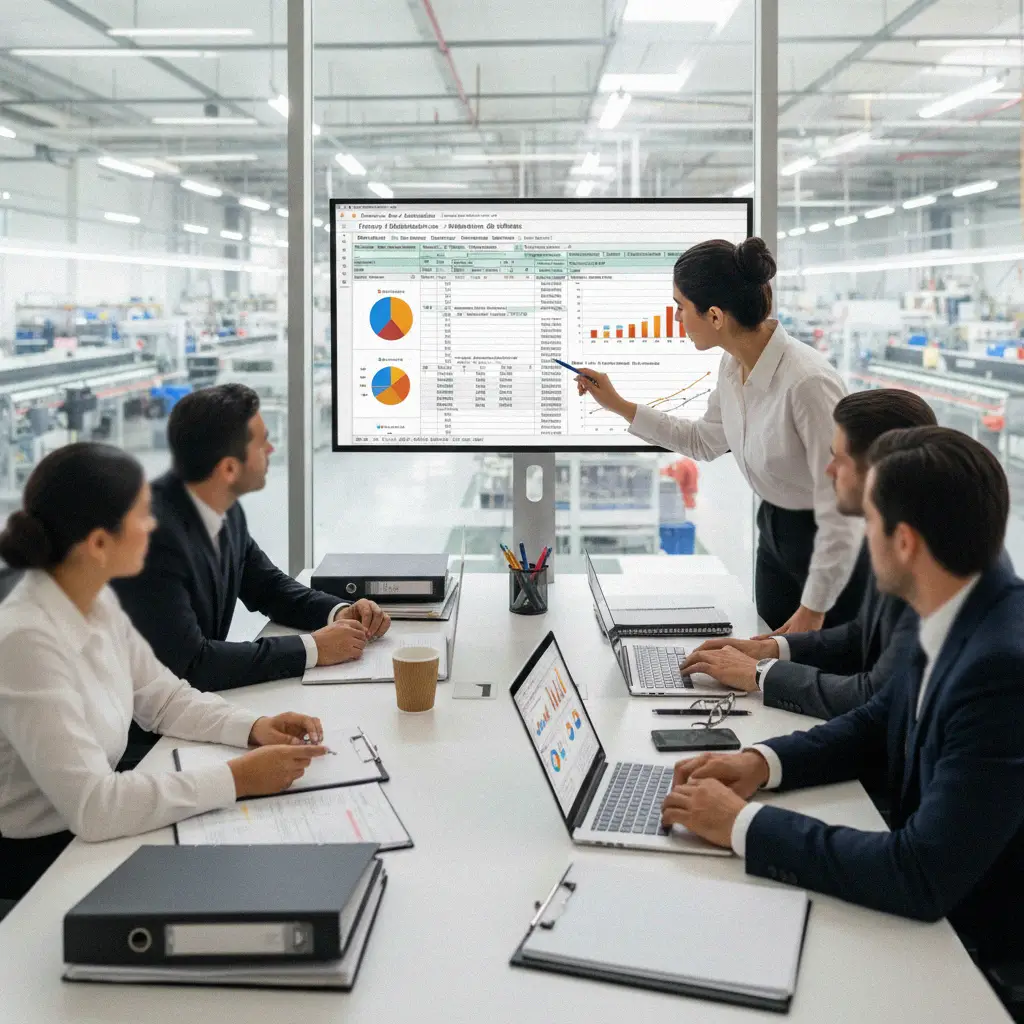 Analistas financieros conciliando órdenes de compra y costos de producción en Excel durante los Cursos de Excel para Manufactura y Producción.
