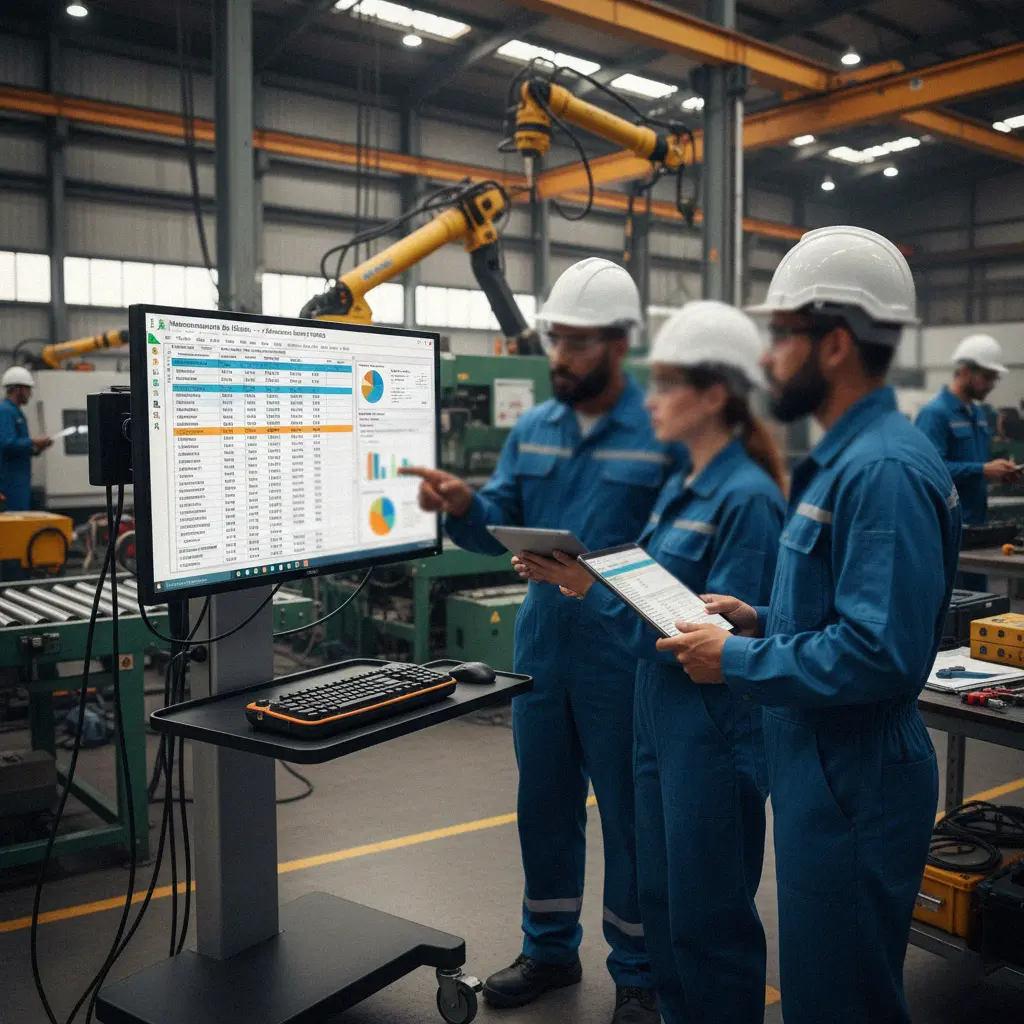 Técnicos programando mantenimientos preventivos y registrando fallas en planillas de Excel como parte de los Cursos de Excel para Manufactura y Producción.