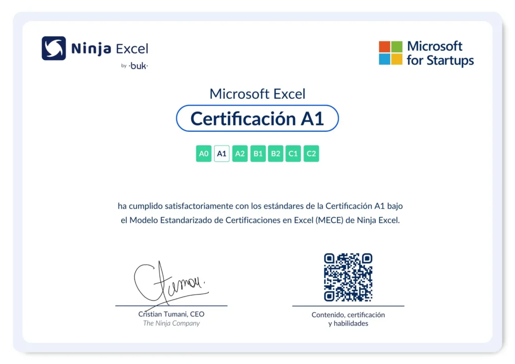 Certificado de Excel A1 Básico de Ninja Excel
