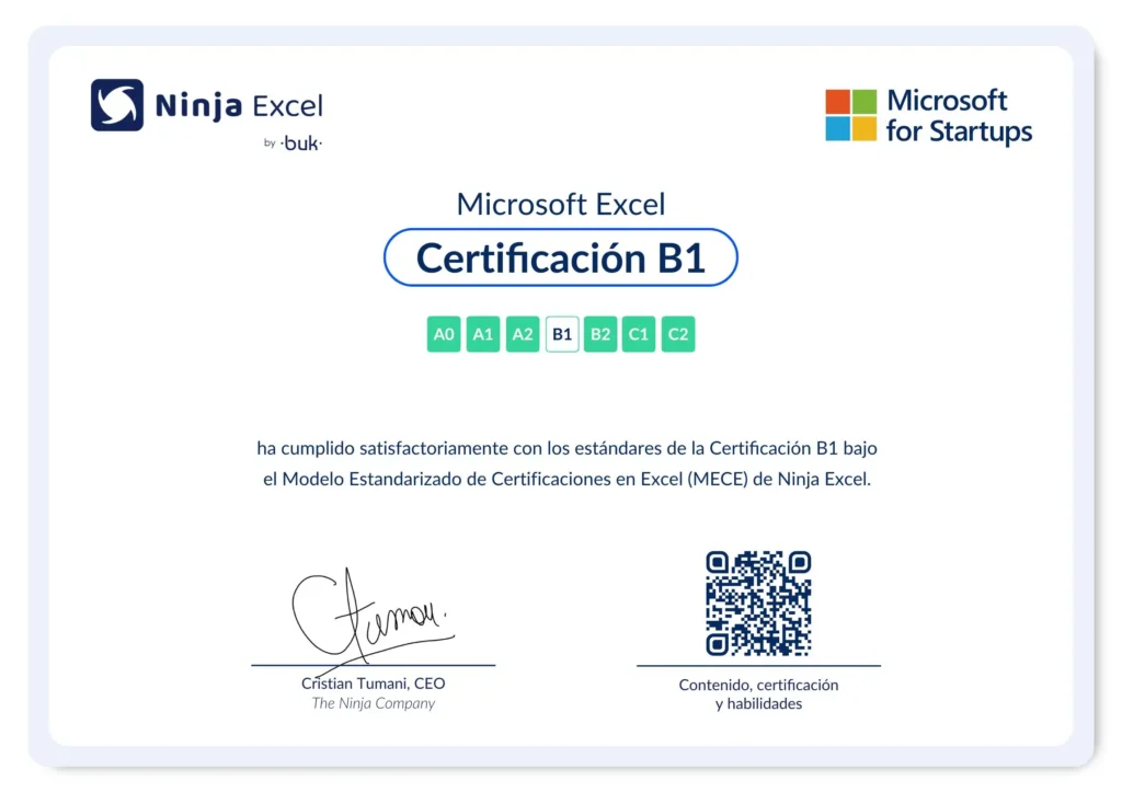 Certificado de Excel B1 Intermedio de Ninja Excel