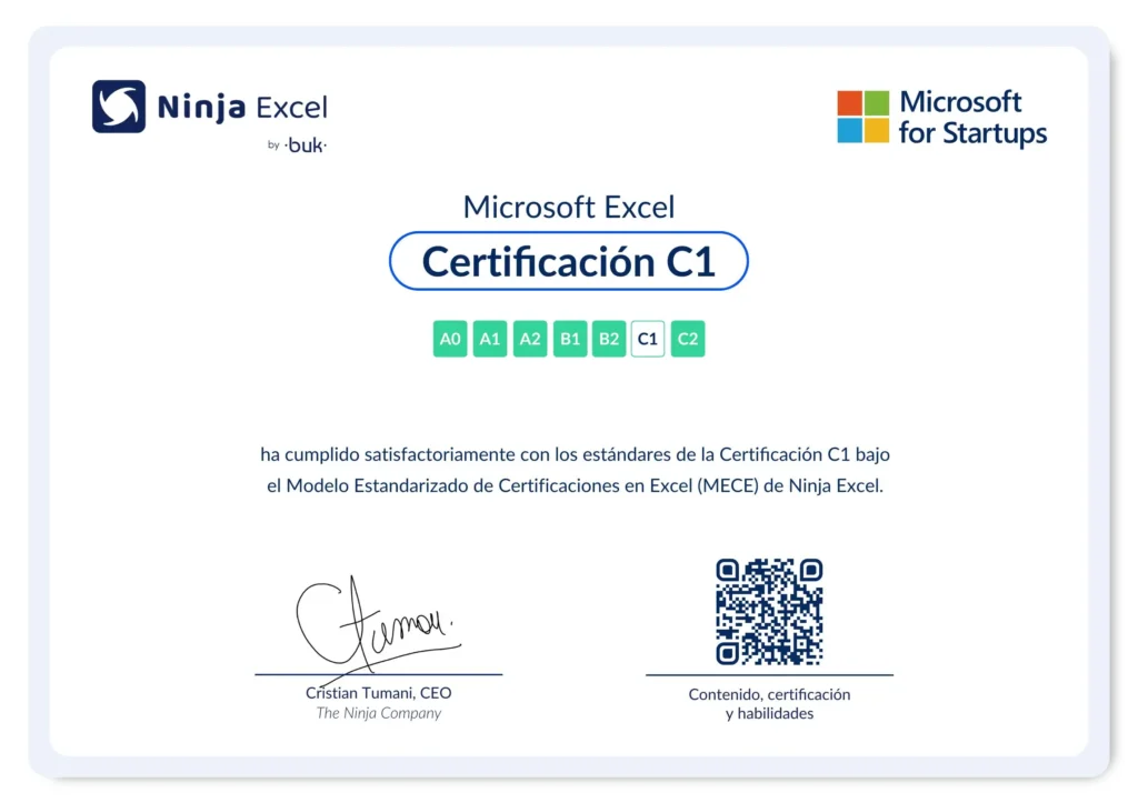 Certificado de Excel C1 Avanzado de Ninja Excel