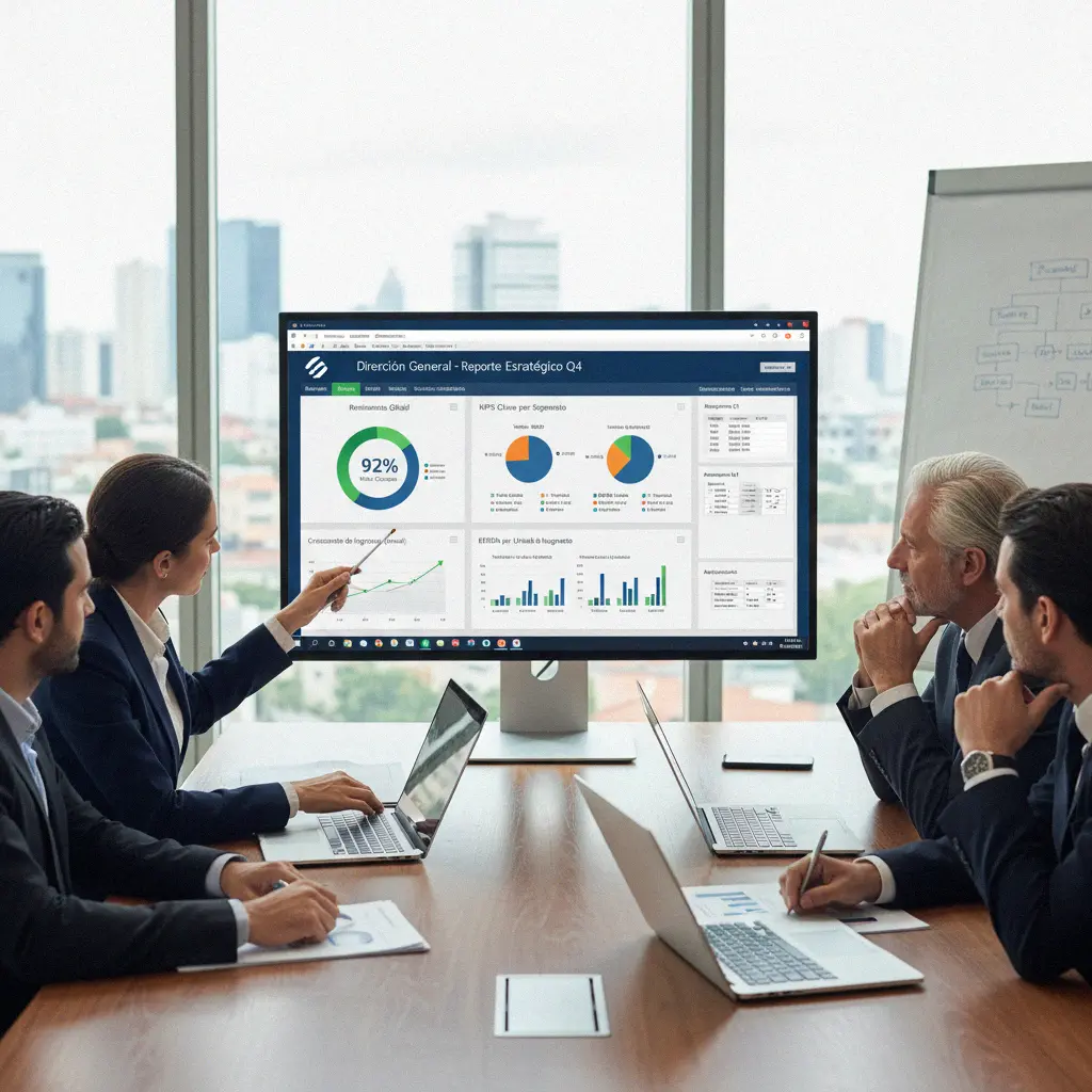 Equipo directivo analizando indicadores en Excel con reportes integrados de producción, calidad y costos en los Cursos de Excel para Manufactura y Producción.