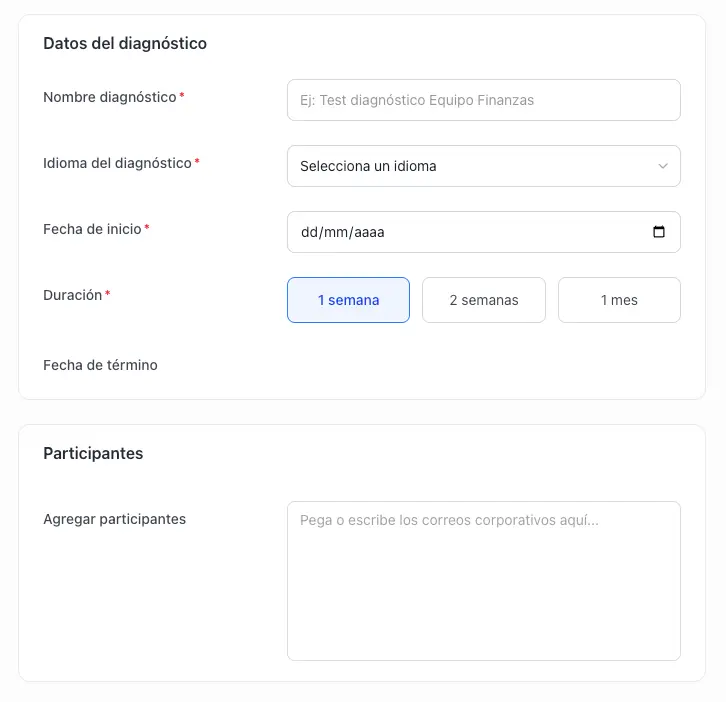 Formulario para crear un Test diagnóstico de Excel con nombre, fecha de inicio, duración y correos del equipo