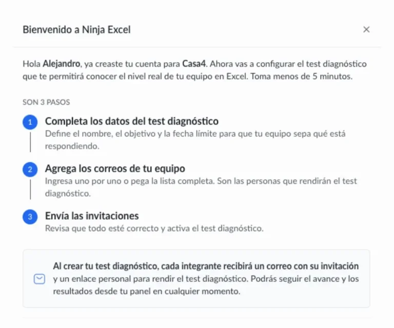 Ventana de bienvenida del Perfil Administrador de Ninja Excel con los tres pasos para crear un Test diagnóstico de Excel