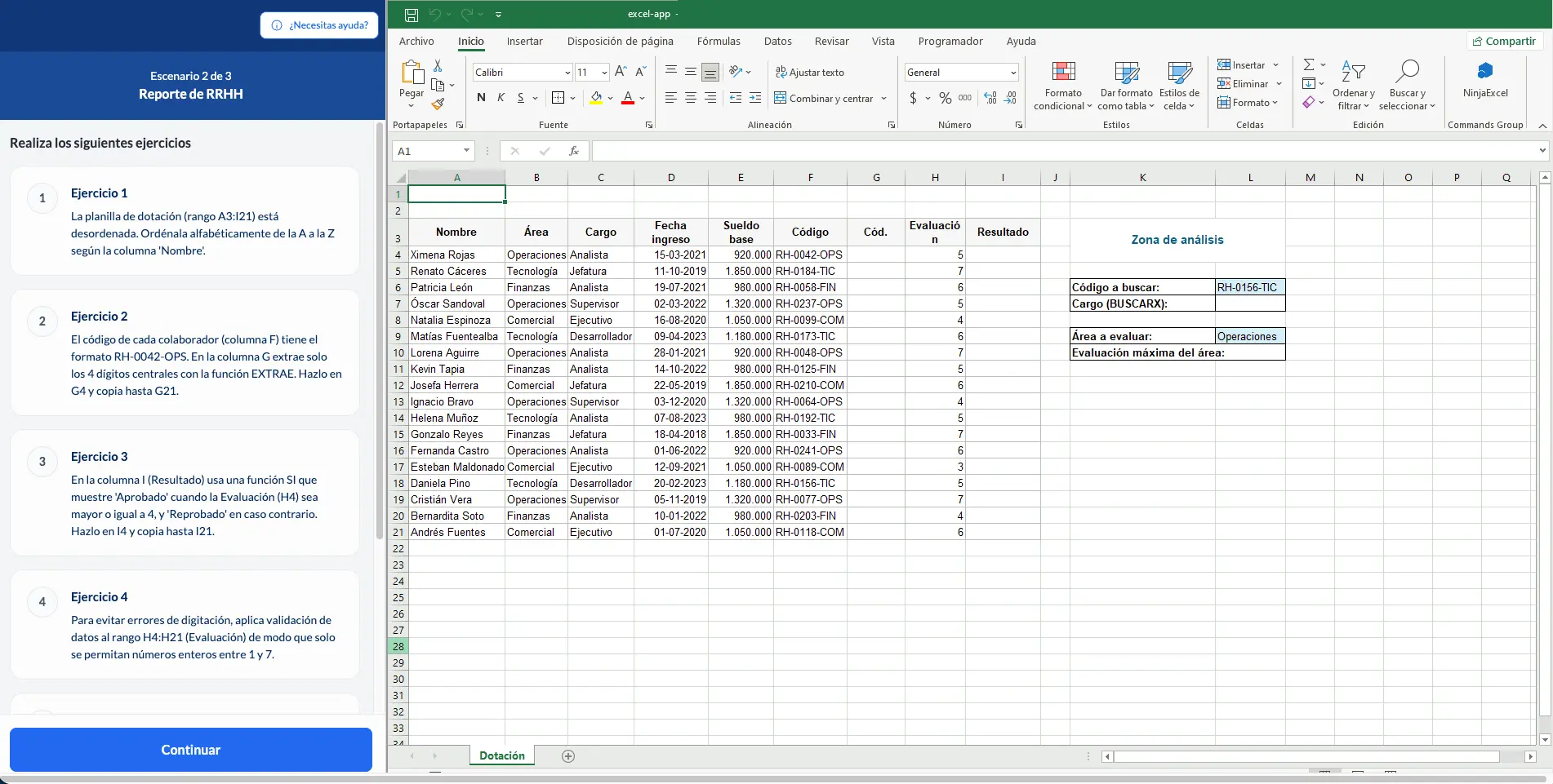 Caso de Recursos Humanos del Test diagnóstico resuelto en una hoja de cálculo de Excel dentro de la plataforma de Ninja Excel